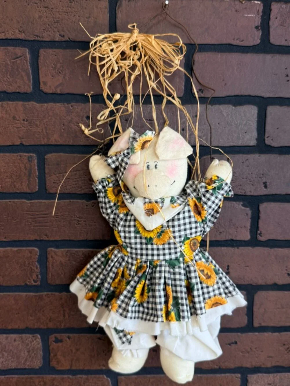 Vintage Cute Country Pig in Sunflower Dress Wall Door Hanging Handmade